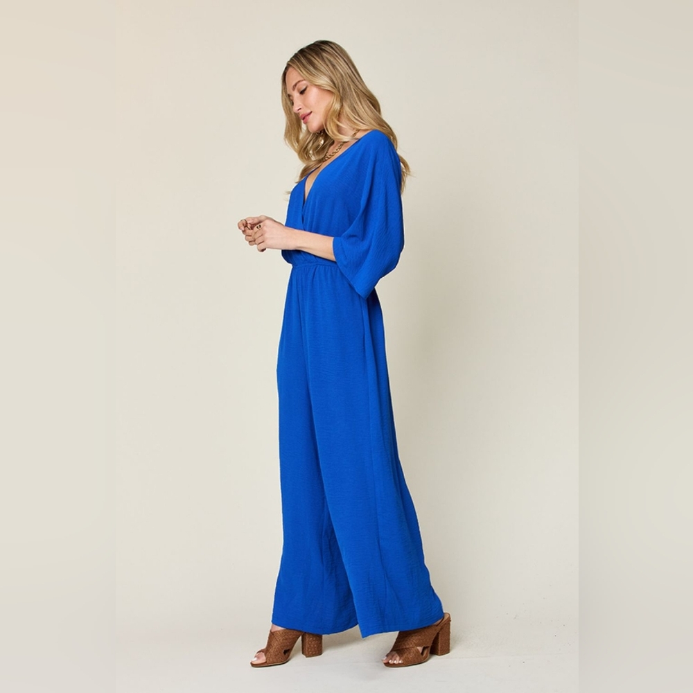 Blue Wide-Leg Surplice Jumpsuit - Picture 6 of 15